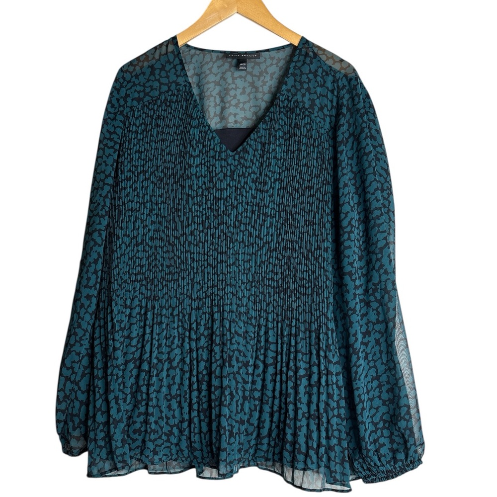Lane Bryant Size 18 20 Teal Brown Animal Print Pleated Chiffon Blouse